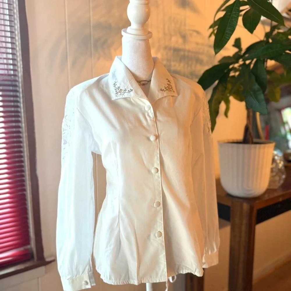 Vintage 80s 90s Lace Sleeve White Button Up Shirt Embroidered Coquette Blouse